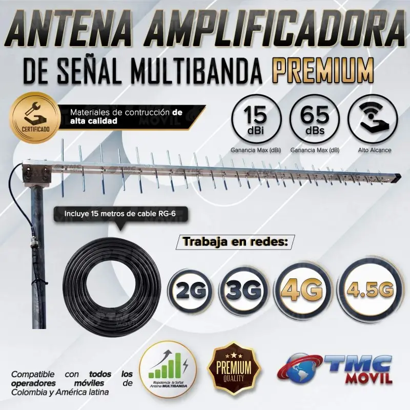 Antena Amplificadora de señal Yagi TMC Multibanda Premium 4GLTE 65dB 700 - 2700 MHz + 15 metros de cable RG-6 TMC MOVIL - 4