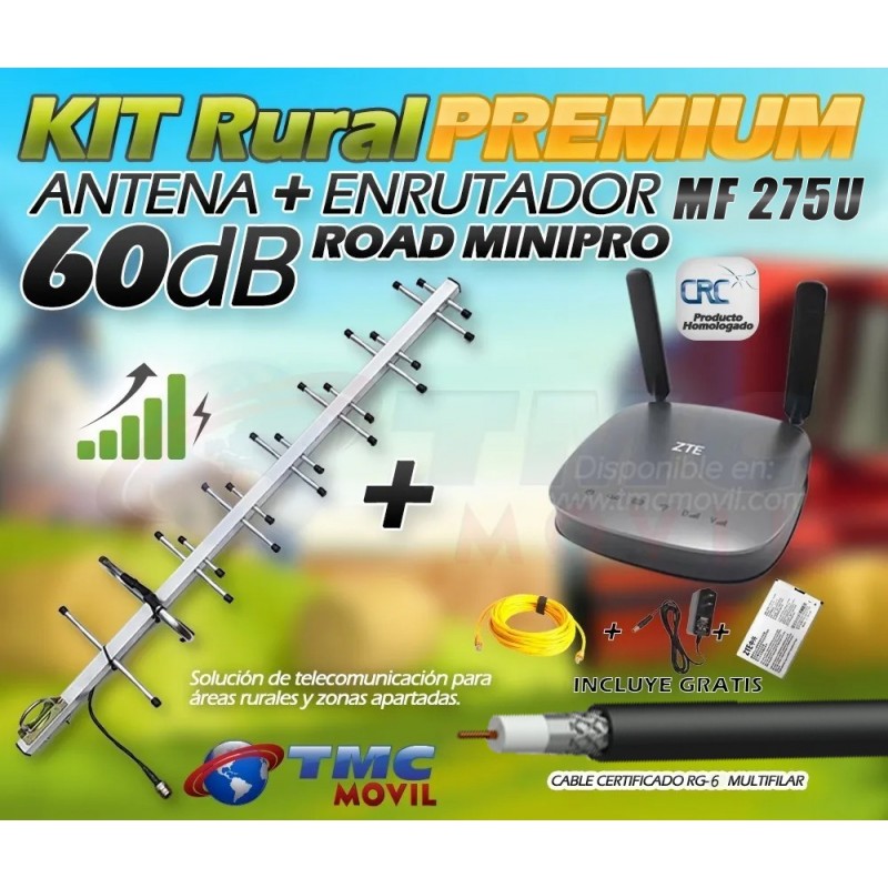 KIT Antena Amplificadora De Señal Road MiniPRO 60 Db Con Enrutador Modem ZTE MF275u | ZTE COLOMBIA | KT-RMP60-MF275U |