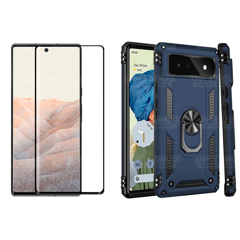 Kit Vidrio templado curvo 6D y Estuche Case Forro Protector Anti-Shock doble capa para celular Google Pixel 6