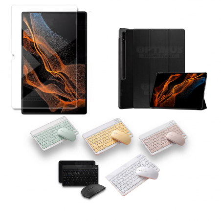 Kit Vidrio templado + Case Protector + Teclado y Mouse Bluetooth para Tablet Samsung Galaxy Tab S8 Ultra 14.6 Pulgadas