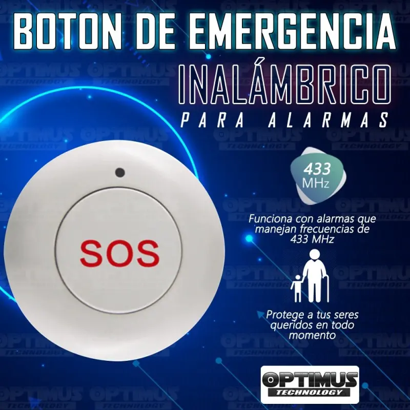 Seguridad - Boton SOS emergencia inalámbrico para alarmas GSM de frecuencia 433 MHz | OPTIMUS TECHNOLOGY™ | BTALM |