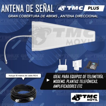 Antena amplificadora señal Cuatriband TMC Plus 4GLTE 65dB Surecall SC-231W + 10 metros de cable RG-6 700 MHz Banda 28/28A TMC MO