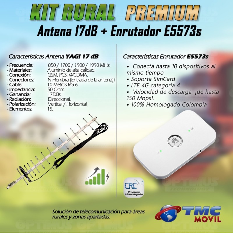 KIT Antena Amplificadora De Señal Yagi 17 Db Con Enrutador Mifi Huawei E5573s-508 | HUAWEI COLOMBIA | KT-YG17-E5573s-508 |