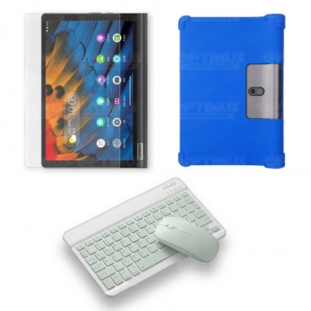 Kit Vidrio templado + Estuche Protector Goma + Teclado y Mouse Ratón Bluetooth para Tablet Lenovo Yoga Smart Tab Yt-x 705f