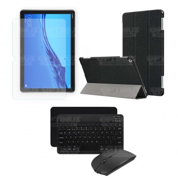 Kit Vidrio templado + Case Forro Protector + Teclado y Mouse Ratón Bluetooth para Tablet Huawei Mediapad M5 Lite 10.1 OPTIMUS TE