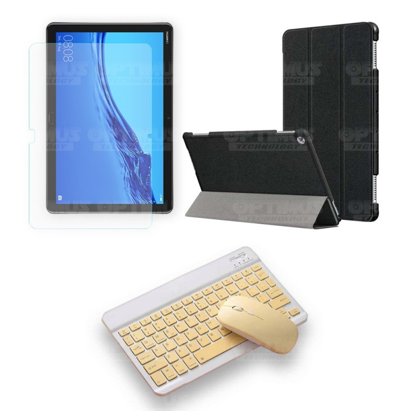 Kit Vidrio templado + Case Forro Protector + Teclado y Mouse Ratón Bluetooth para Tablet Huawei Mediapad M5 Lite 10.1 OPTIMUS TE