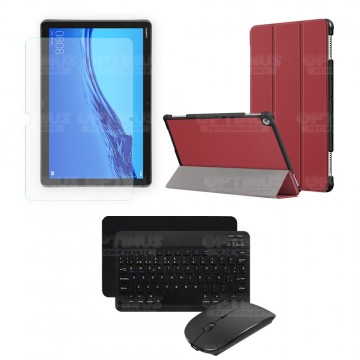 Kit Vidrio templado + Case Forro Protector + Teclado y Mouse Ratón Bluetooth para Tablet Huawei Mediapad M5 Lite 10.1 OPTIMUS TE