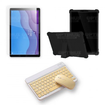Kit Vidrio templado + Estuche Protector Goma + Teclado y Mouse Ratón Bluetooth para Tablet Lenovo M10 HD TB-X306 OPTIMUS TECHNOL