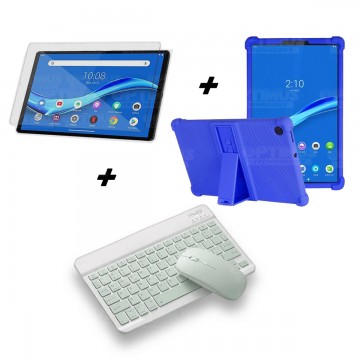 Kit Vidrio templado + Estuche Protector Goma + Teclado y Mouse Ratón Bluetooth para Tablet Lenovo M10 Plus Tb-x606f OPTIMUS TECH