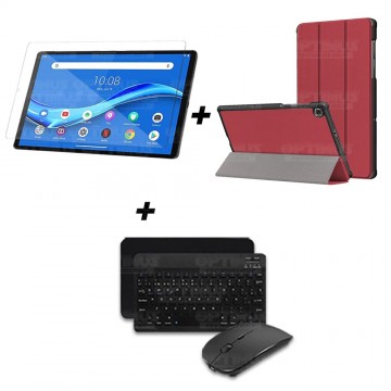 Kit Vidrio templado + Case Forro Protector + Teclado y Mouse Ratón Bluetooth para Tablet Lenovo M10 Plus Tb-x606f OPTIMUS TECHNO