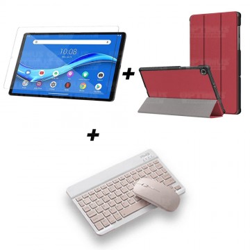Kit Vidrio templado + Case Forro Protector + Teclado y Mouse Ratón Bluetooth para Tablet Lenovo M10 Plus Tb-x606f OPTIMUS TECHNO