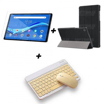 Kit Vidrio templado + Case Forro Protector + Teclado y Mouse Ratón Bluetooth para Tablet Lenovo M10 Plus Tb-x606f OPTIMUS TECHNO