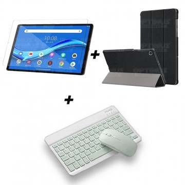 Kit Vidrio templado + Case Forro Protector + Teclado y Mouse Ratón Bluetooth para Tablet Lenovo M10 Plus Tb-x606f OPTIMUS TECHNO