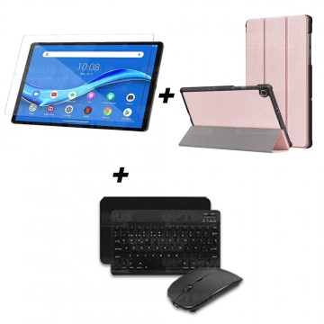 Kit Vidrio templado + Case Forro Protector + Teclado y Mouse Ratón Bluetooth para Tablet Lenovo M10 Plus Tb-x606f OPTIMUS TECHNO
