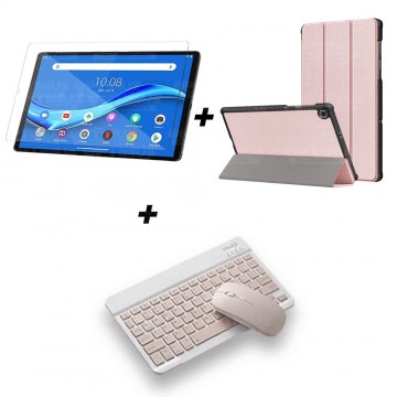 Kit Vidrio templado + Case Forro Protector + Teclado y Mouse Ratón Bluetooth para Tablet Lenovo M10 Plus Tb-x606f OPTIMUS TECHNO