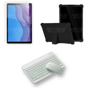 Kit Vidrio templado + Estuche Protector Goma + Teclado y Mouse Ratón Bluetooth para Tablet Lenovo M10 HD TB-X306 OPTIMUS TECHNOL