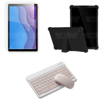 Kit Vidrio templado + Estuche Protector Goma + Teclado y Mouse Ratón Bluetooth para Tablet Lenovo M10 HD TB-X306 OPTIMUS TECHNOL