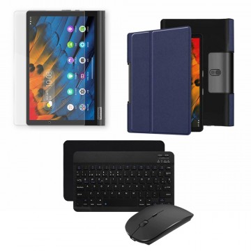 Kit Vidrio templado + Case Forro Protector + Teclado y Mouse Ratón Bluetooth para Tablet Lenovo Yoga Smart Tab Yt-x 705f OPTIMUS