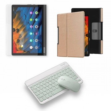 Kit Vidrio templado + Case Forro Protector + Teclado y Mouse Ratón Bluetooth para Tablet Lenovo Yoga Smart Tab Yt-x 705f OPTIMUS