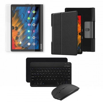 Kit Vidrio templado + Case Forro Protector + Teclado y Mouse Ratón Bluetooth para Tablet Lenovo Yoga Smart Tab Yt-x 705f OPTIMUS