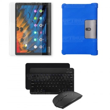 Kit Vidrio templado + Estuche Protector Goma + Teclado y Mouse Ratón Bluetooth para Tablet Lenovo Yoga Smart Tab Yt-x 705f OPTIM