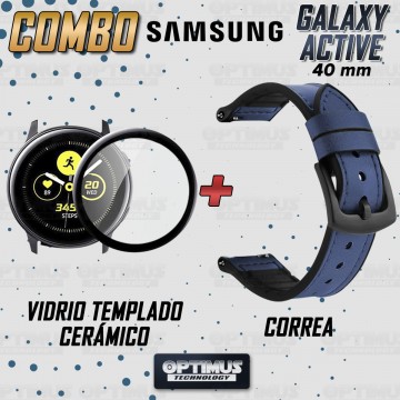 KIT Correa Manilla de cuero leather y Vidrio templado cerámico para Reloj Smartwatch Samsung Galaxy Active 40mm OPTIMUS TECHNOLO