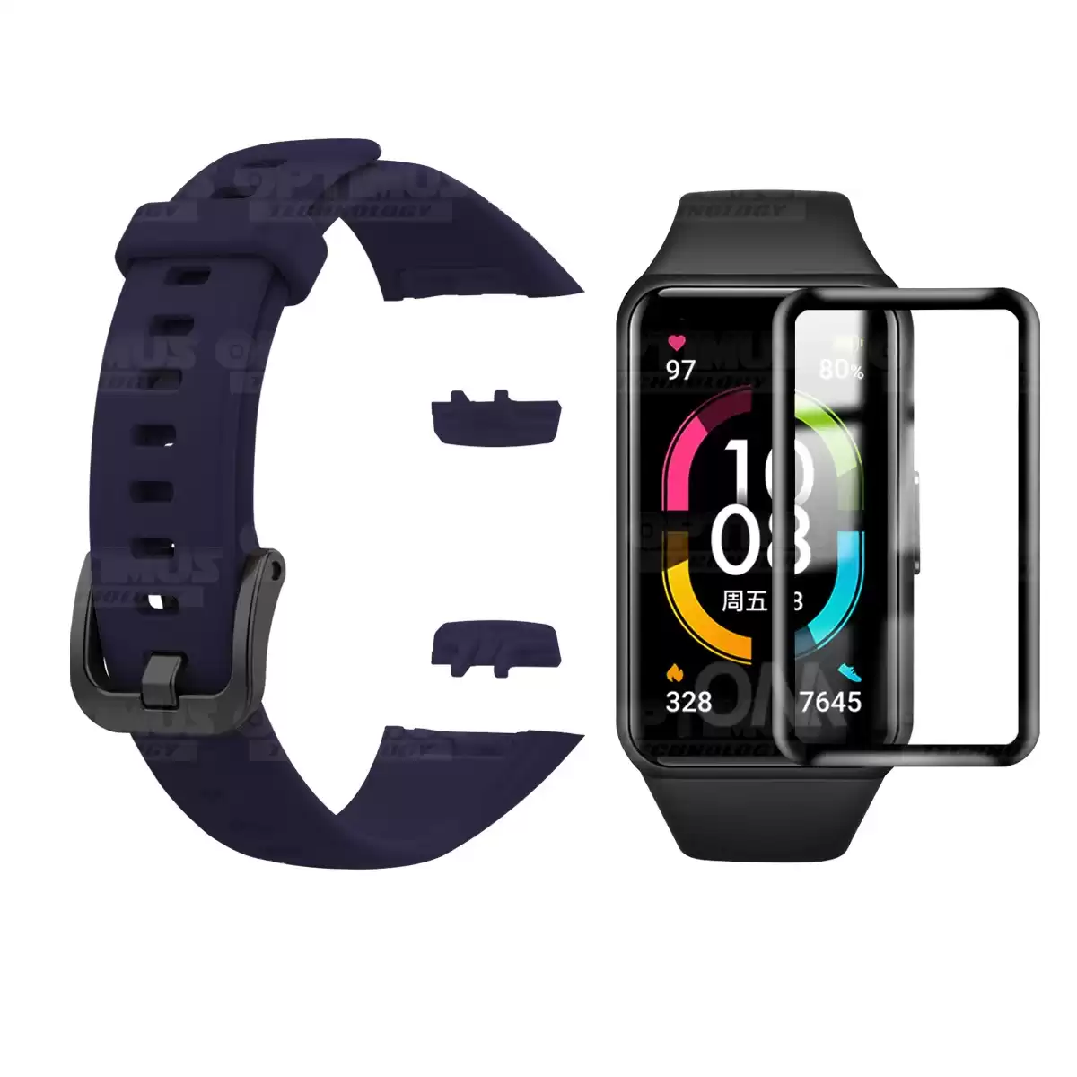 Vidrio Templado Cerámico Y Correa Smartwatch Reloj Inteligente Huawei Honor  Band 6 Color Azul Oscuro