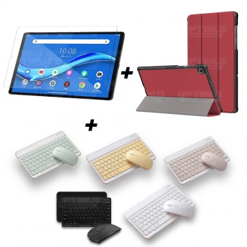 Kit Vidrio templado + Case Forro Protector + Teclado y Mouse Ratón Bluetooth para Tablet Lenovo M10 Plus Tb-x606f OPTIMUS TECHNO