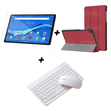 Kit Vidrio templado + Case Forro Protector + Teclado y Mouse Ratón Bluetooth para Tablet Lenovo M10 Plus Tb-x606f OPTIMUS TECHNO