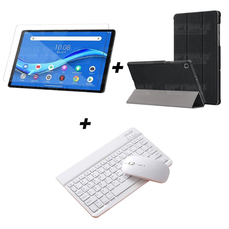 Kit Vidrio templado + Case Forro Protector + Teclado y Mouse Ratón Bluetooth para Tablet Lenovo M10 Plus Tb-x606f OPTIMUS TECHNO