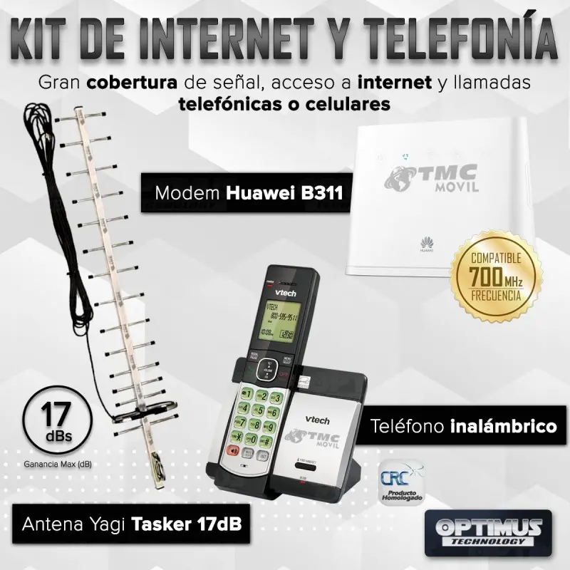 KIT Rural Teléfono Inalámbrico de mesa + Modem De Internet Huawei B311 Sim card 4GLTE + Antena Amplificadora De Señal Yagi 17 Db