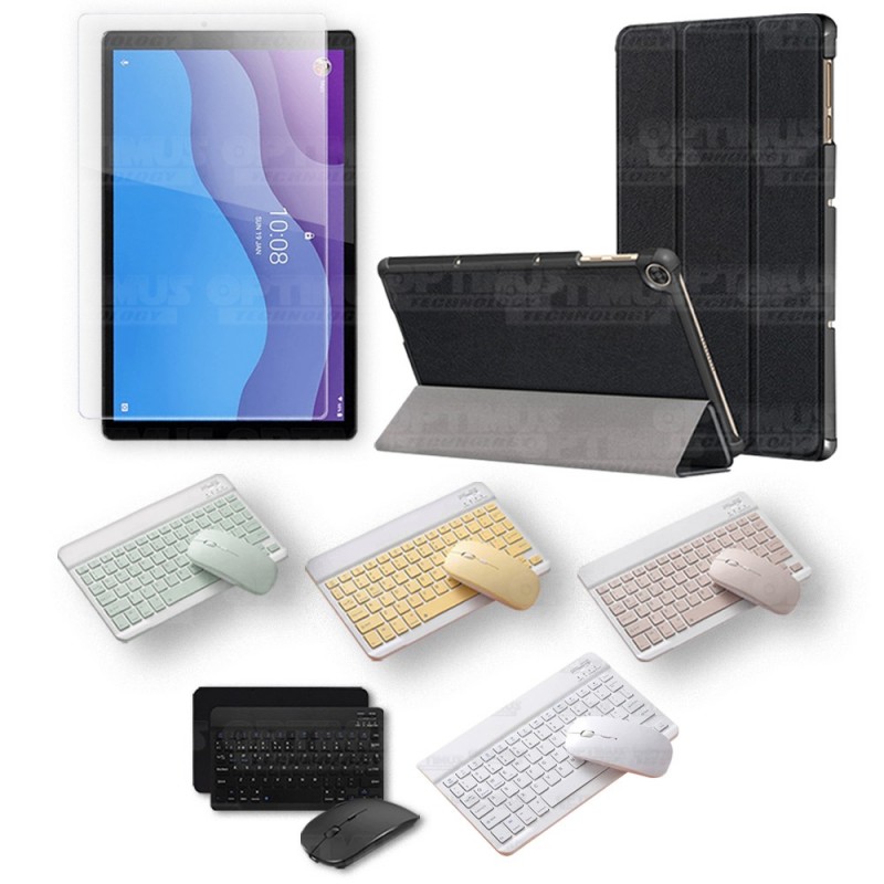 Kit Vidrio templado + Case Forro Protector + Teclado y Mouse Ratón Bluetooth para Tablet Lenovo M10 HD TB-X306 OPTIMUS TECHNOLOG