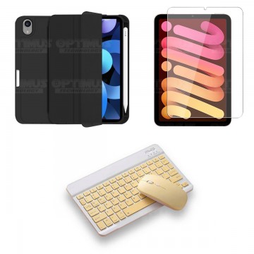 Kit Vidrio templado + Estuche Protector portalápiz + Teclado y Mouse Bluetooth para Tablet IPad Mini 6 2021 OPTIMUS TECHNOLOGY™