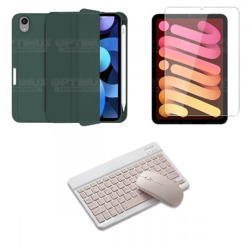 Kit Vidrio templado + Estuche Protector portalápiz + Teclado y Mouse Bluetooth para Tablet IPad Mini 6 2021 OPTIMUS TECHNOLOGY™