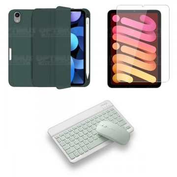 Kit Vidrio templado + Estuche Protector portalápiz + Teclado y Mouse Bluetooth para Tablet IPad Mini 6 2021 OPTIMUS TECHNOLOGY™