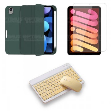 Kit Vidrio templado + Estuche Protector portalápiz + Teclado y Mouse Bluetooth para Tablet IPad Mini 6 2021 OPTIMUS TECHNOLOGY™