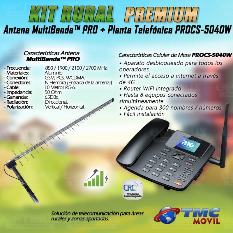 Kit Rural Antena Amplificadora de señal Multibanda Pro Y Celular De Mesa Teléfono ProElectronic Procs-5040w PROELECTRONIC COLOMB