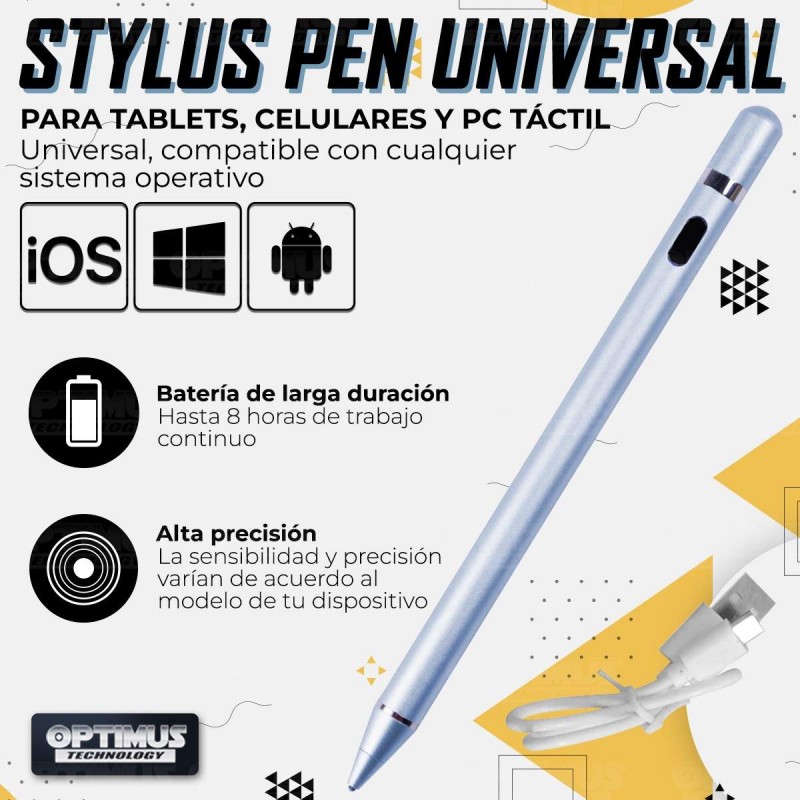 Lápiz óptico digital capacitivo activo Stylus Pen compatible con Android, iOS y Windows para Tablets, Celulares y PC Táctil OPTI