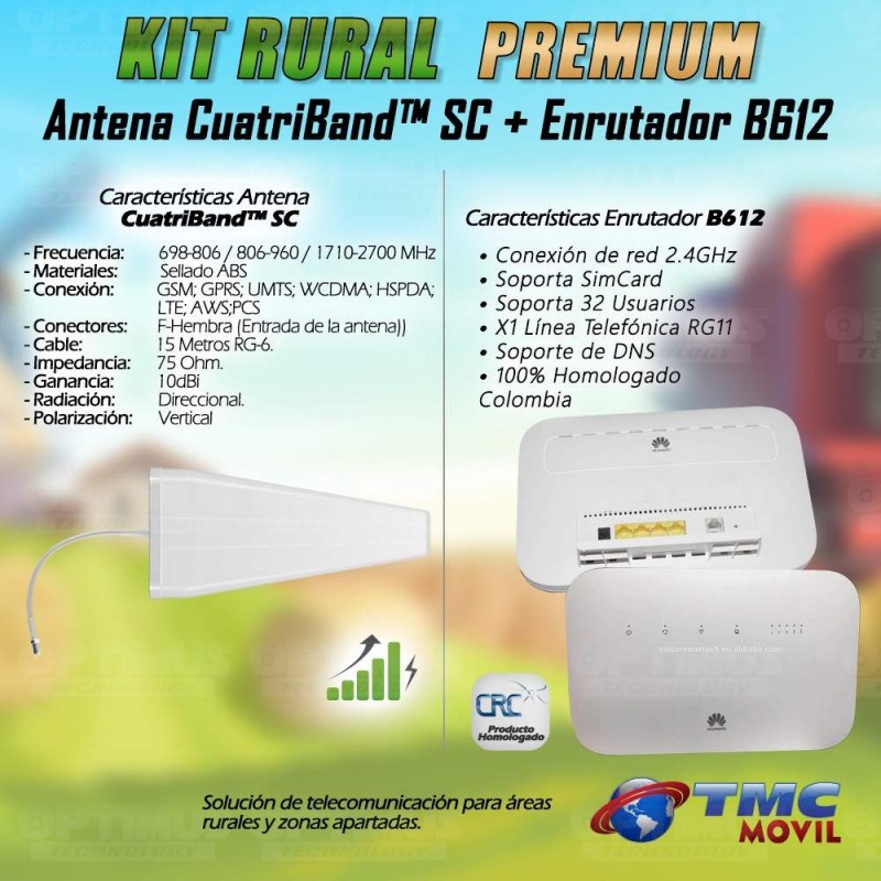 KIT Rural Empresarial Antena Amplificadora De Señal Cuatriband 10dbi TMC PLUS + Enrutador Huawei B612 + 15 Metros de Cable RG-6 
