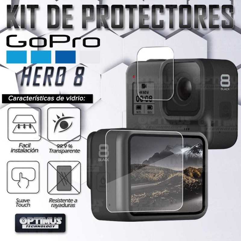 Kit de protectores Vidrio Templado Lente y Display + Buff Screen Display frontal para cámara Go Pro Hero 8 OPTIMUS TECHNOLOGY™ -
