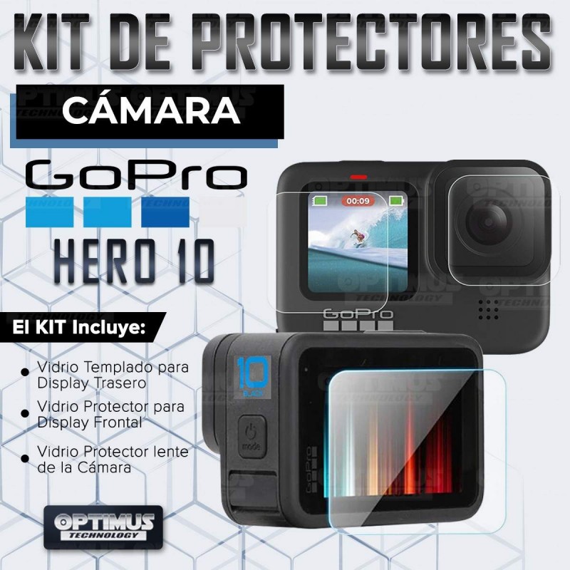 Kit de Tres protectores Vidrio Templado Lente, Display Trasero y Display frontal para cámara Go Pro Hero 10 OPTIMUS TECHNOLOGY™ 